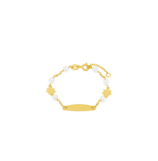 Pulsera flor perlas plaquita. Plata de 1ª Ley baño en oro de 18k. Perla. Placa grabable. D03403/AF