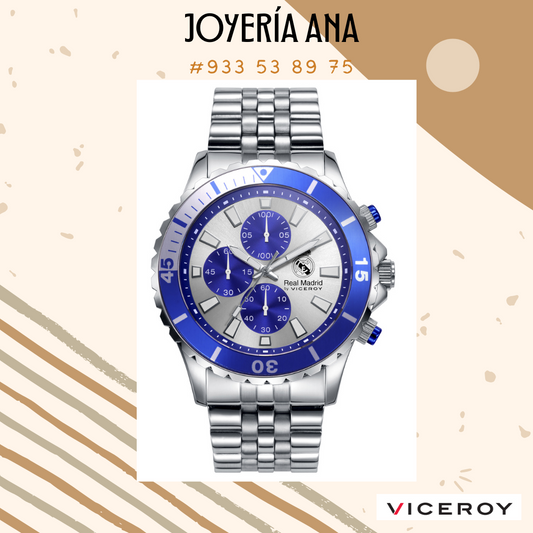 Reloj de Hombre Viceroy R_Madrid cronografo con caja de acero y brazalete en acero, esfera en color plata con subesferas en color azul, bisel azul
